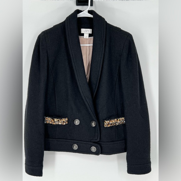 ANN TAYLOR LOFT NWOT WOOL BLEND BLACK BEJEWELED BLAZER‎ - Picture 1 of 7